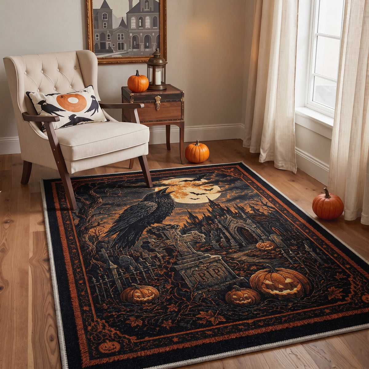 GENIMO 2'x7' Halloween Runner Rug, Washable Non Slip Soft Gothic Raven Indoor Outdoor Hallway Runner for Porch Patio Kitchen Entryway, Rust Orange