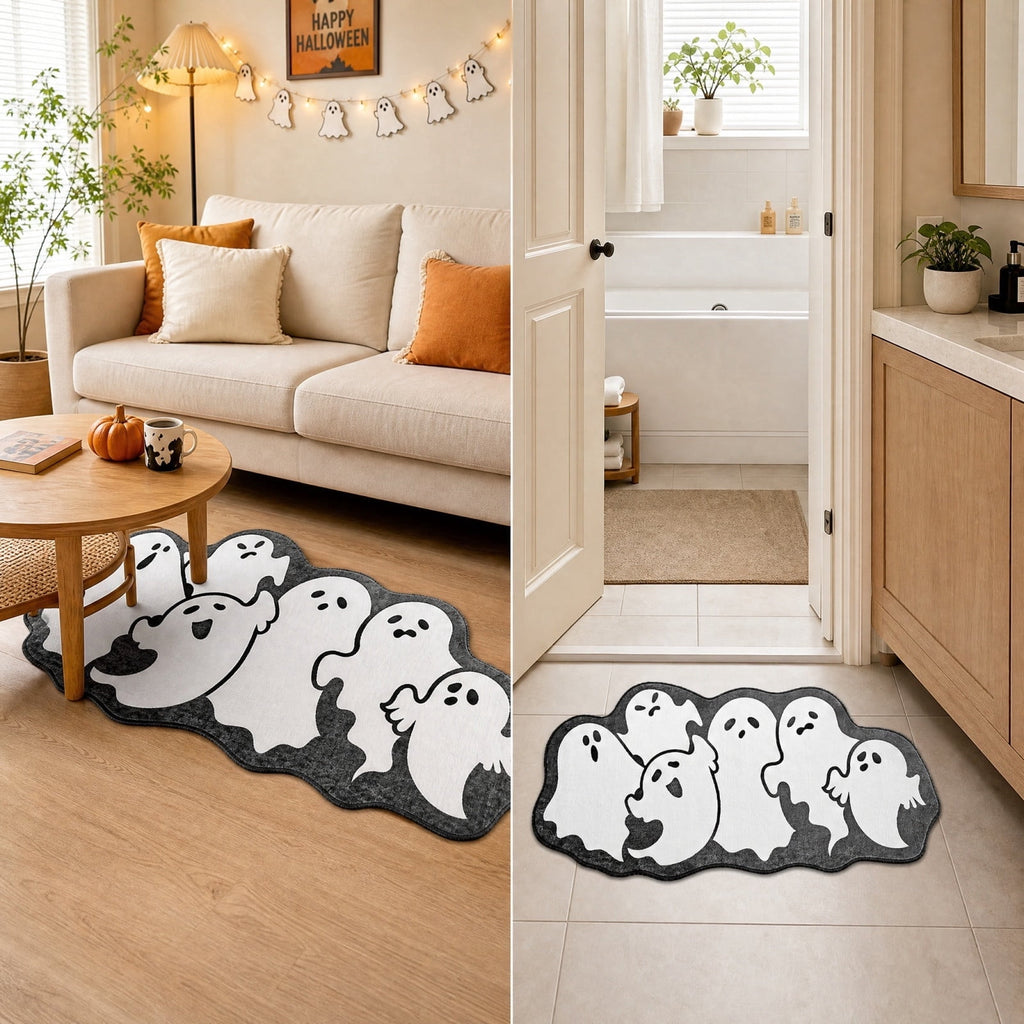 Halloween Ghost Cluster Shaped Welcome Doormat, Cute Ghost Floormat Non Slip Rubber Backing for Halloween Front Porch Entryway Room Decor,40x60cm