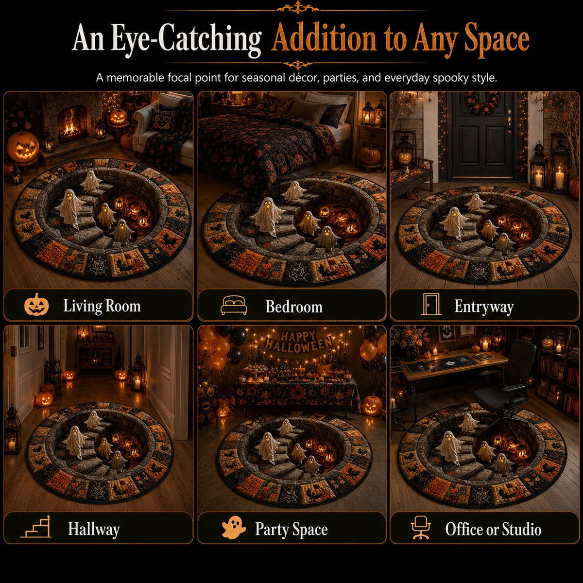 Halloween Staircase Optical Illusion Round Rug, Spooky 3D Floor Mat with Ghosts Pumpkins, Soft Non-Slip Carpet for Living Room Entryway – 4 Sizes