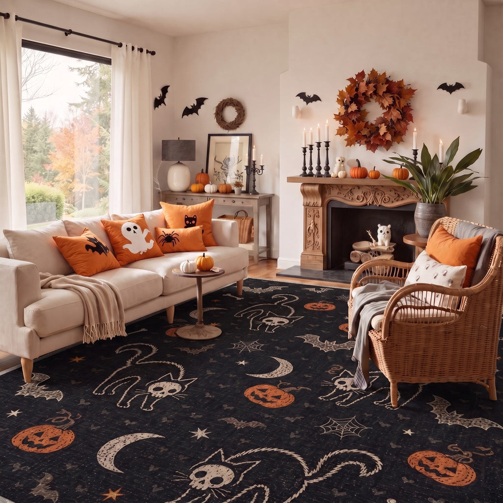 GENIMO 5'x7' Halloween Area Rug for Living Room, Washable Non Slip Soft Farmhouse Pumpkin Indoor Rug for Bedroom Dining Room Home Office, Vintage Sepia