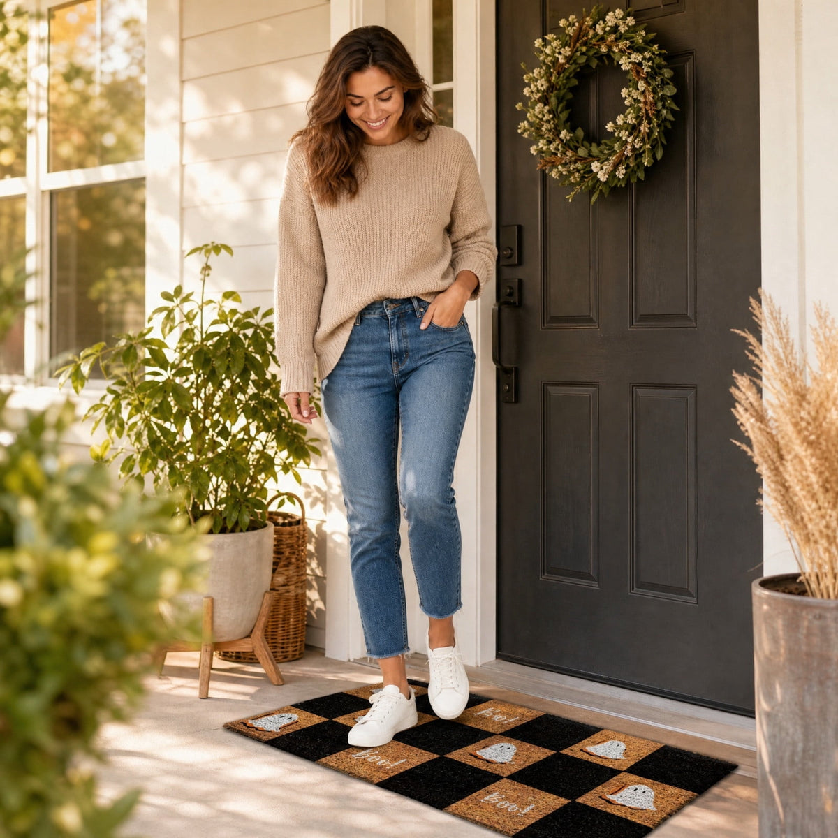 Halloween Ghost Door Mat, Cute Welcome Mat for Front Door Porch Entryway Haunted Outdoor Decor Spooky Decorative Entrance Doormat Non Slip Halloween Rug, 16" x 24"