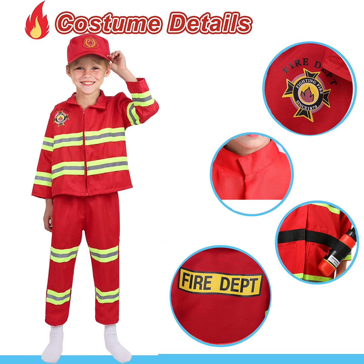 8Pcs Red Kids Fireman Costume Dress-up Set Pretend Role Play Firefighter Realistic Outfit Kit Gift Toys for Boys 3-6 Years Toddler Birthday Christmas Present