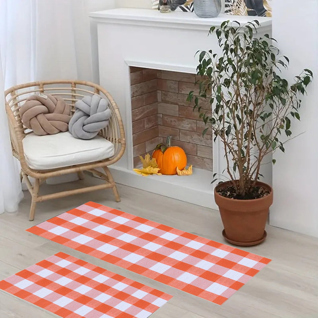 Guozer Fall Outdoor Rug Orange Plaid Outdoor Rug Cotton Hand-Woven Check Rug Layered Doormats For Front Door/Front Porch/Farmhouses/Entryway/Patio 23.6''x 35.4''