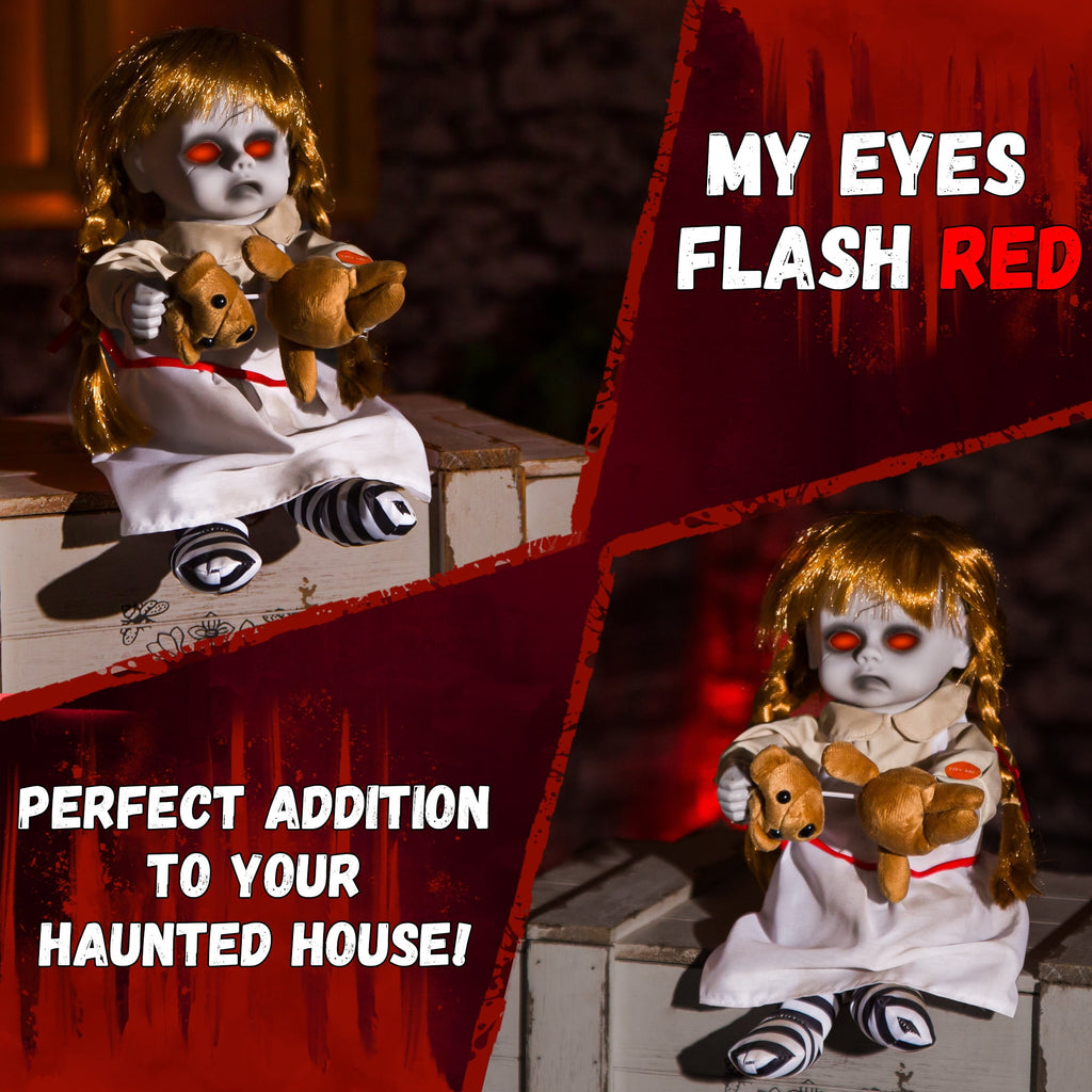 ELAMAS 10 Inch Animatronic Creepy Girl Doll Halloween Animated Decorations with Sound Activated Spooky Sound, Light Up Eyes, Scary Move, Haunted House Holiday Decor Horror Prop for Indoor, Outdoor