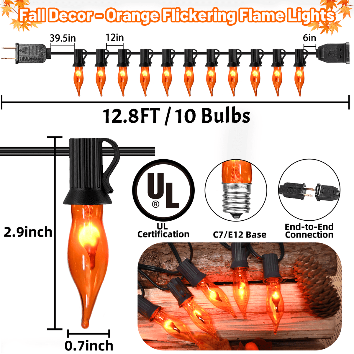 Halloween Lights Flickering Flame String Lights with 12 Pack C7 Orange Flame Light Bulbs (2 Spare), 12.8Ft Orange Flame String Lights for Indoor Outdoor Home Party Yard Halloween Decorations
