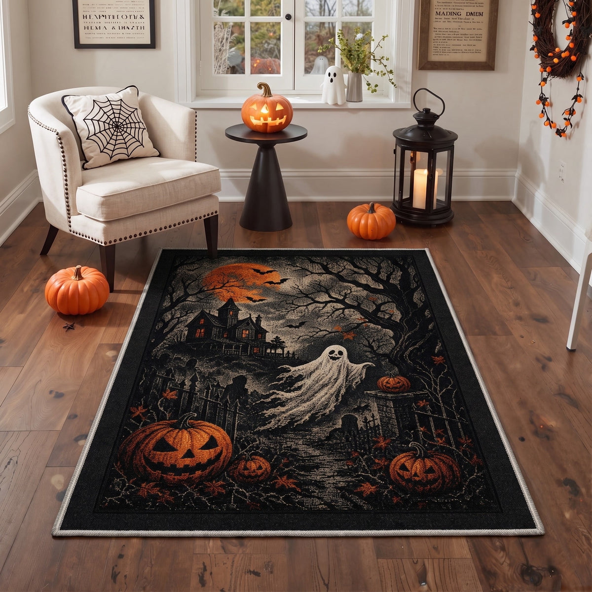 GENIMO 2'x7' Halloween Runner Rug, Washable Non Slip Soft Whimsical Skeleton Indoor Outdoor Hallway Runner for Porch Patio Kitchen Entryway, Charcoal Black