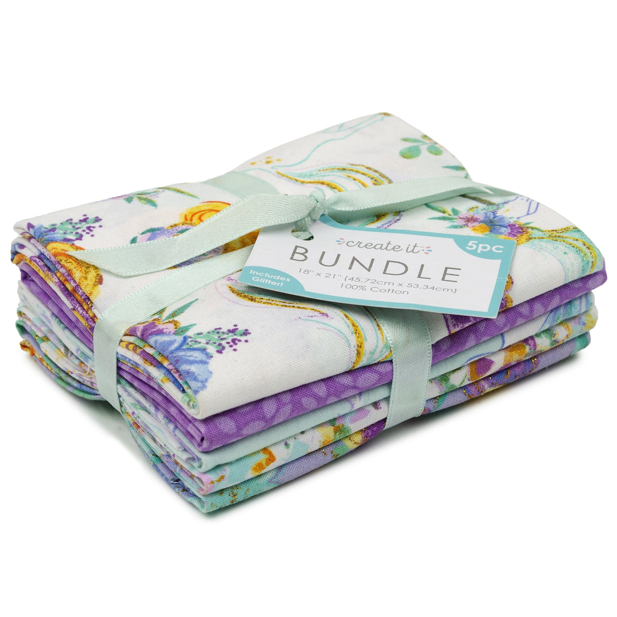 Create It 18"x21" Cotton Unicorn Glitter Precut Sewing & Craft Fabric Bundle, Multicolor 5 Piece