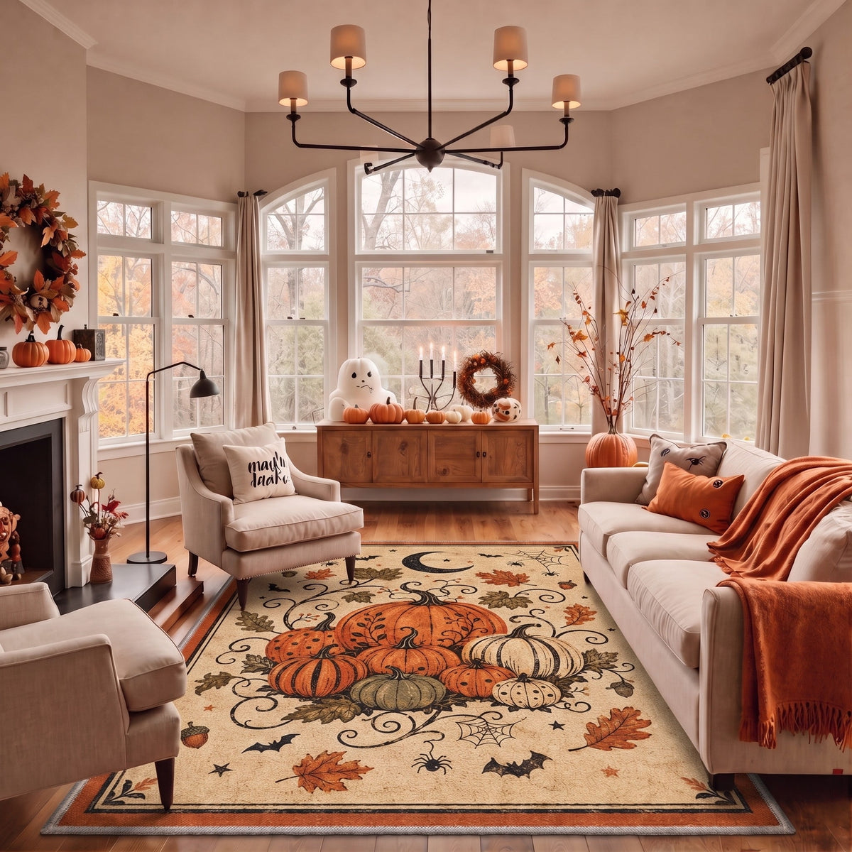 GENIMO 5'x7' Halloween Area Rug for Living Room, Washable Non Slip Soft Farmhouse Pumpkin Indoor Rug for Bedroom Dining Room Home Office, Vintage Sepia
