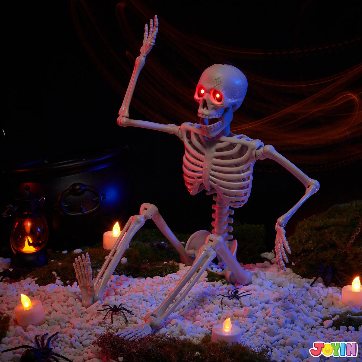 Joyfy 24 Inch Halloween Skeleton Decor with LED Light Eyes,Posable Skeleton Halloween Prop Full Body with Movable Joints for Haunted House Indoor Outdoor Decoration Spooky Decor