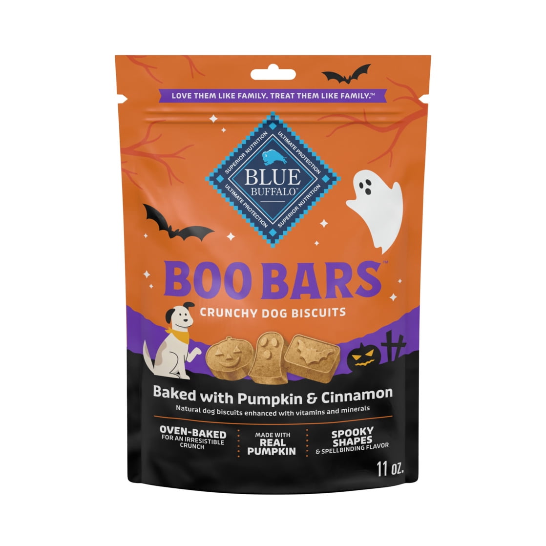 Blue Buffalo Boo Bars Crunchy Halloween Dog Biscuits Pumpkin & Cinnamon Recipe 11-oz Bag