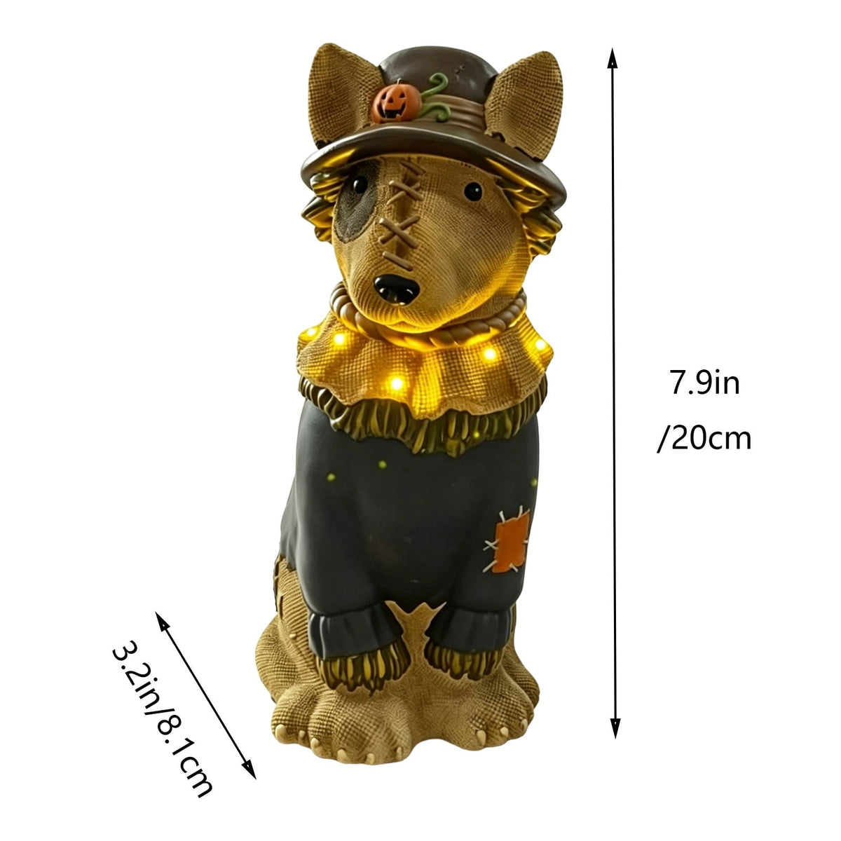 Halloween Dog Greeter - Frenchie 7.9in Resin Witch Dog with Light-Up Pumpkin, Spooky Fall Decor, Indoor Outdoor Tabletop Decoration