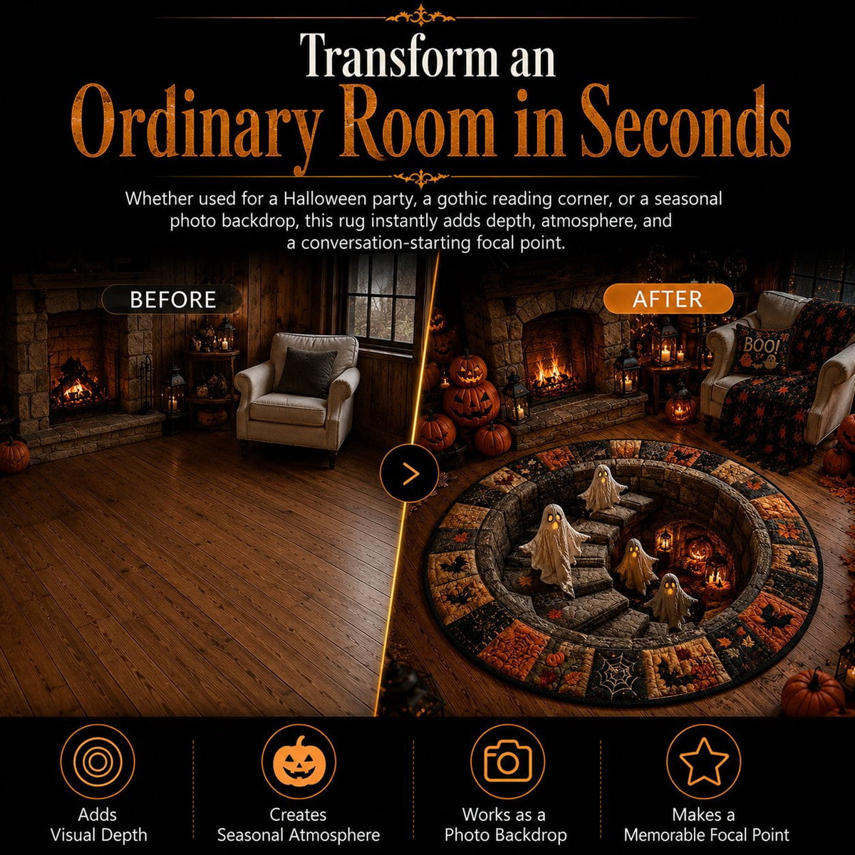 Halloween Round Rug Optical Ghost Pumpkin Mat 15.75in Diameter Polyester Skidproof & Soft for Entryway Bedroom Party by MPOISVA