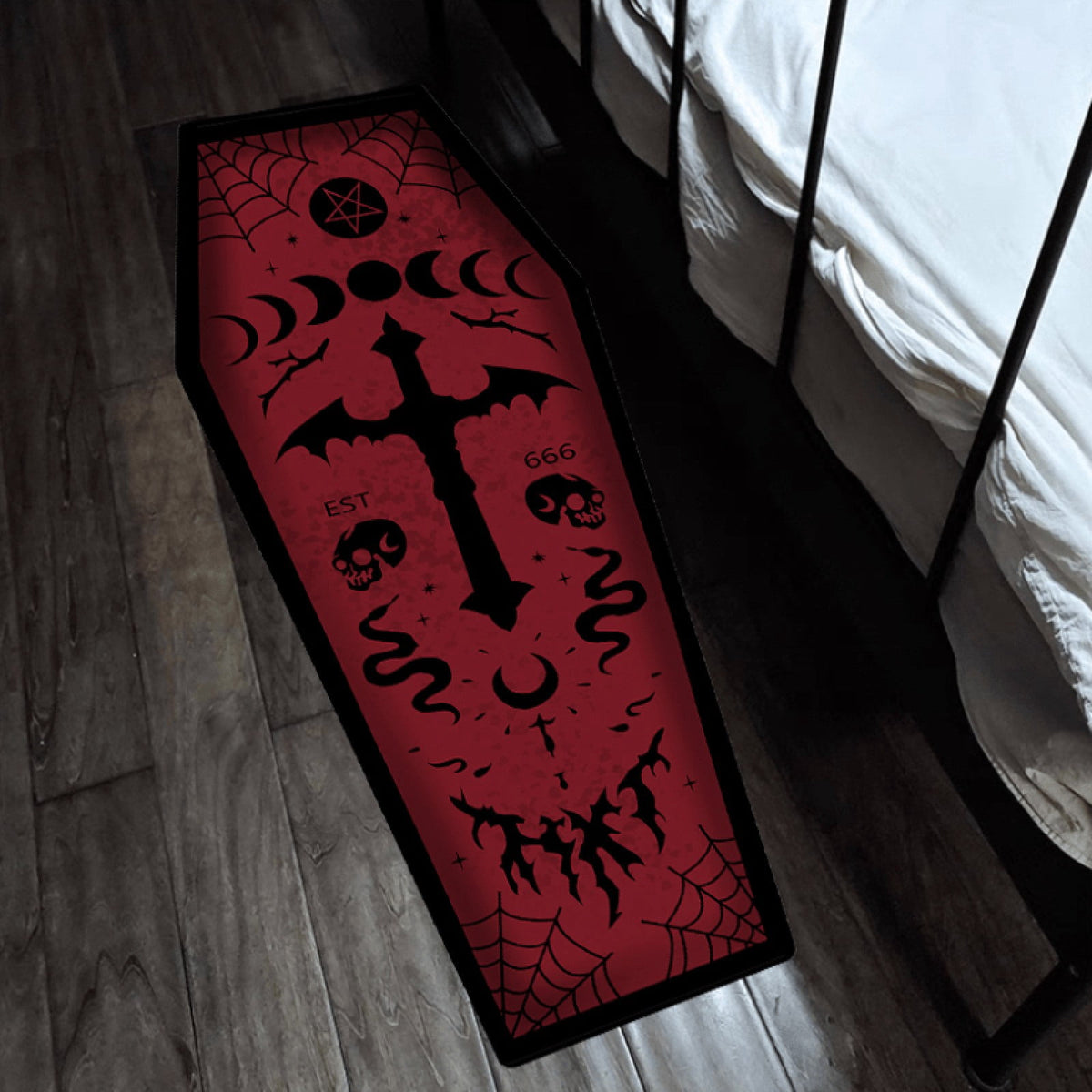 Coffin Shaped Gothic Rug Halloween Themed Floor Mat Non- Decorative Carpet for Indoor Home Party