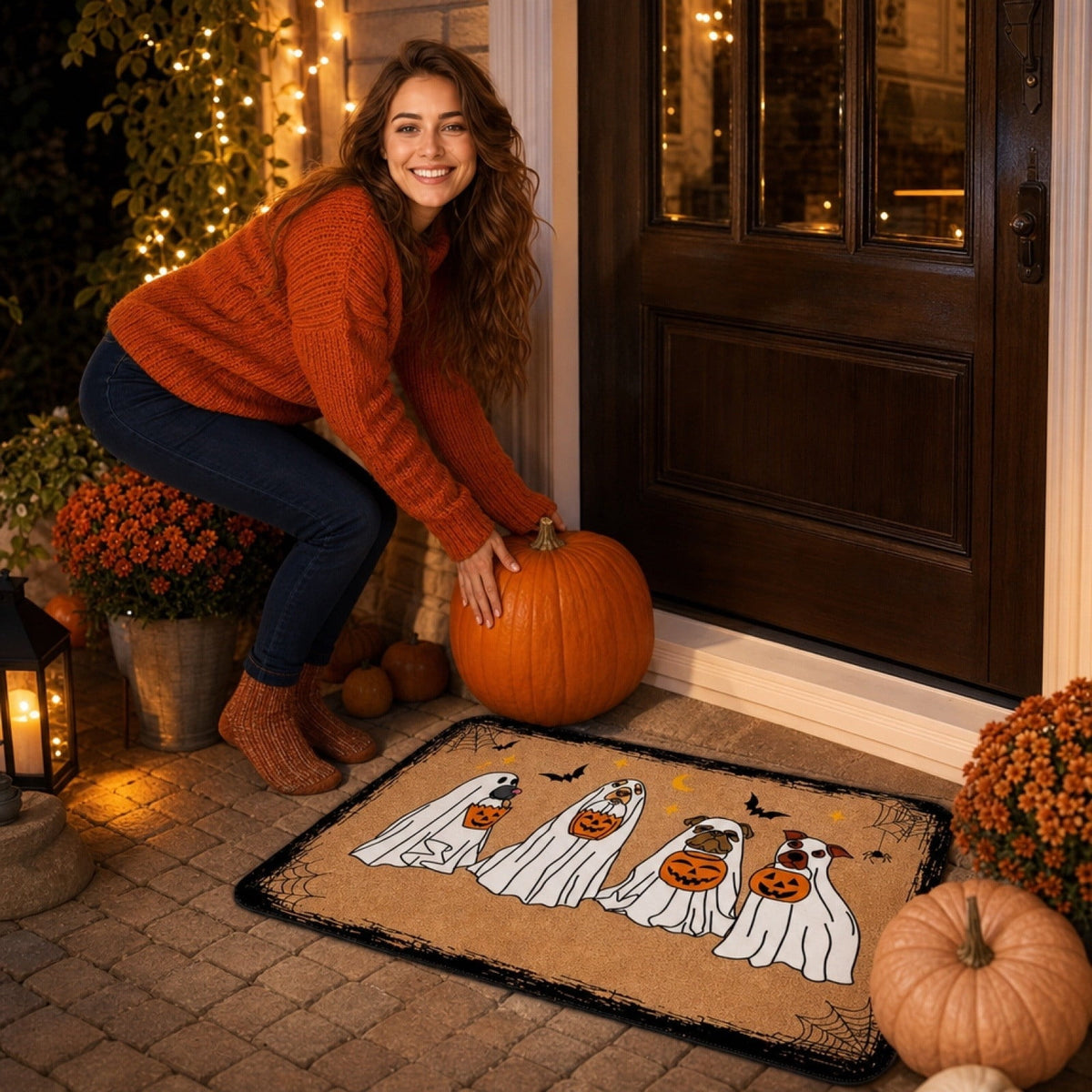Halloween Heart Print Doormat 60x40cm, Black Orange Spooky Entry Mat for Front Door, Non-Slip Indoor Outdoor Rug