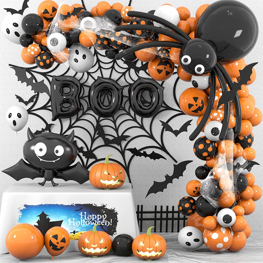134Pcs Halloween Balloons Garland Kit, Black Orange Balloons Spider Balloons, Long Balloons, 3D Bat Sticker for Halloween Theme Party Background Classroom Decorations