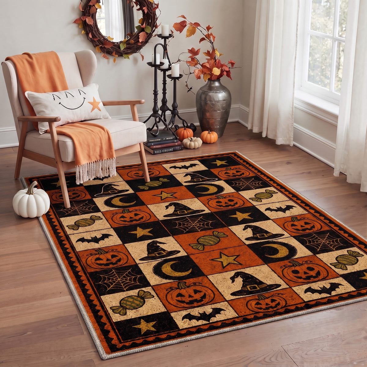 GENIMO 5'x7' Halloween Area Rug for Living Room, Washable Non Slip Soft Vintage Witch Indoor Rug for Bedroom Dining Room Home Office, Retro Sepia