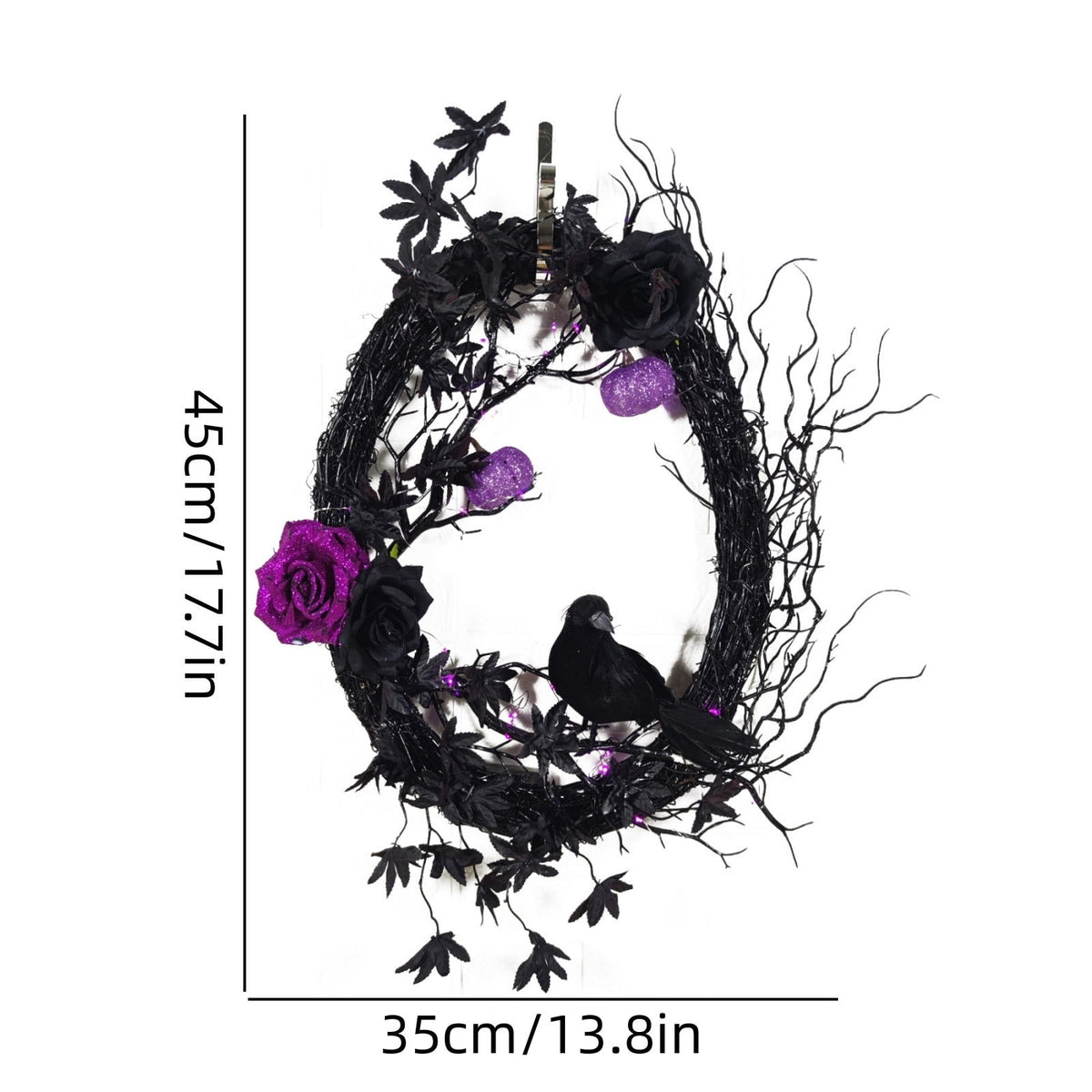 Gcvizuso Halloween Wreath with LED Light String, Purple Rose Black Crow Oval Spooky Twig Wreath for Front Door Window Fireplace Decor