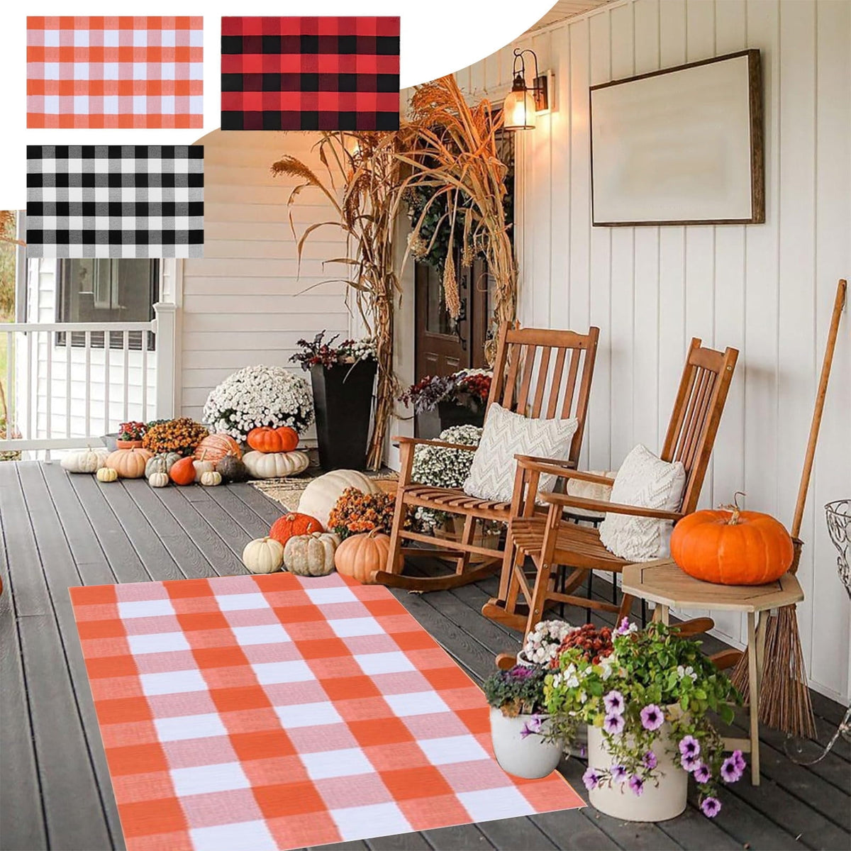 Orange Plaid Fall Outdoor Mat, Hand-Woven Porch Rug for Thanksgiving Halloween Door Decor