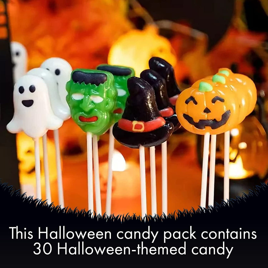 Fusion Select Halloween Candy Lollipops - Trick or Treat Candies for Kids - Frankenstein's Monster, Jack o Lantern, Ghost & Witch Hat Halloween Sweets - Individually Wrapped - 30 Treats Per Box