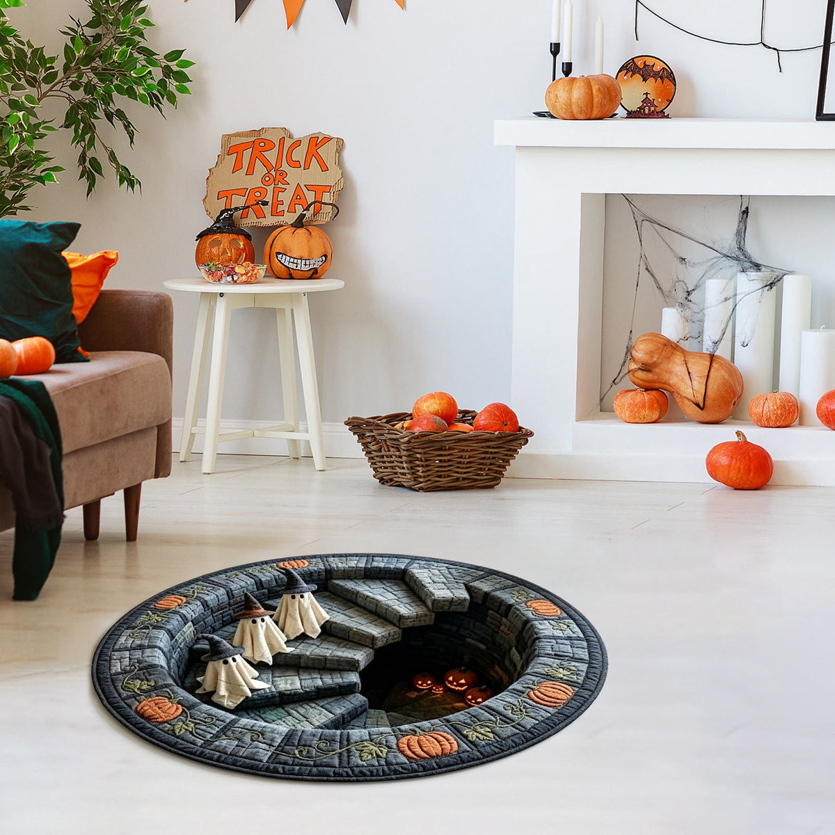 3D Illusion Halloween Round Rug 15.7 Inch, Ghost Pumpkin Spiral Staircase Print Decorative Floor Mat for Entryway Living Room Bedroom Indoor Holiday Home Decoration