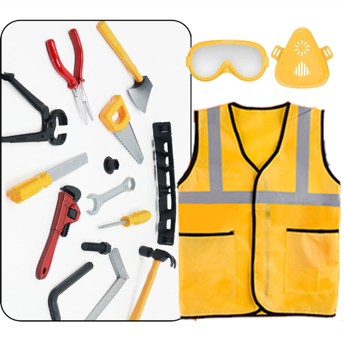 17Pcs Kids Construction Worker Costume Dress-up Set for Boys 3-6 Year Toddler Birthday Christmas Present, Pretend Role Play Builder Kit Preshool Toys with Goggles, Mask, Tool Belt, Vest, and More