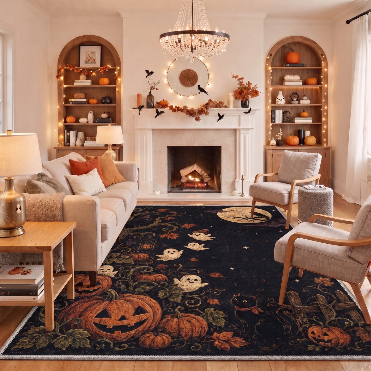 GENIMO 2'x7' Halloween Runner Rug, Washable Non Slip Soft Farmhouse Pumpkin Indoor Outdoor Hallway Runner for Porch Patio Kitchen Entryway, Vintage Sepia