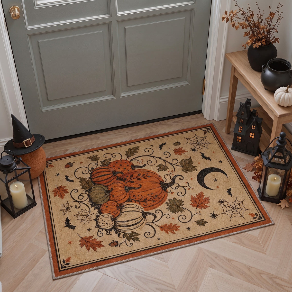 GENIMO 2'x3' Halloween Doormat, Washable Non Slip Soft Whimsical Cat Outdoor Door Mat for Front Door Covered Porch Patio Entryway, Rustic Black