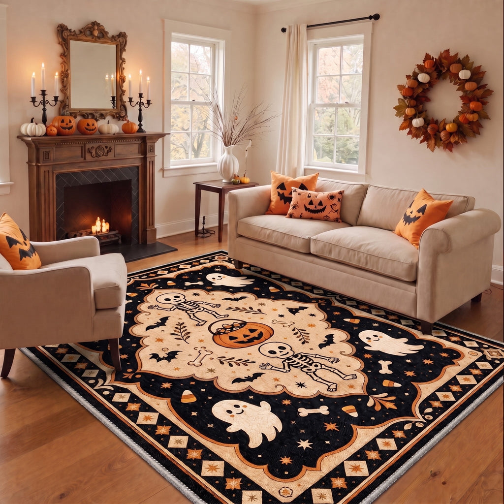 GENIMO 5'x7' Halloween Area Rug for Living Room, Washable Non Slip Soft Vintage Witch Indoor Rug for Bedroom Dining Room Home Office, Retro Sepia