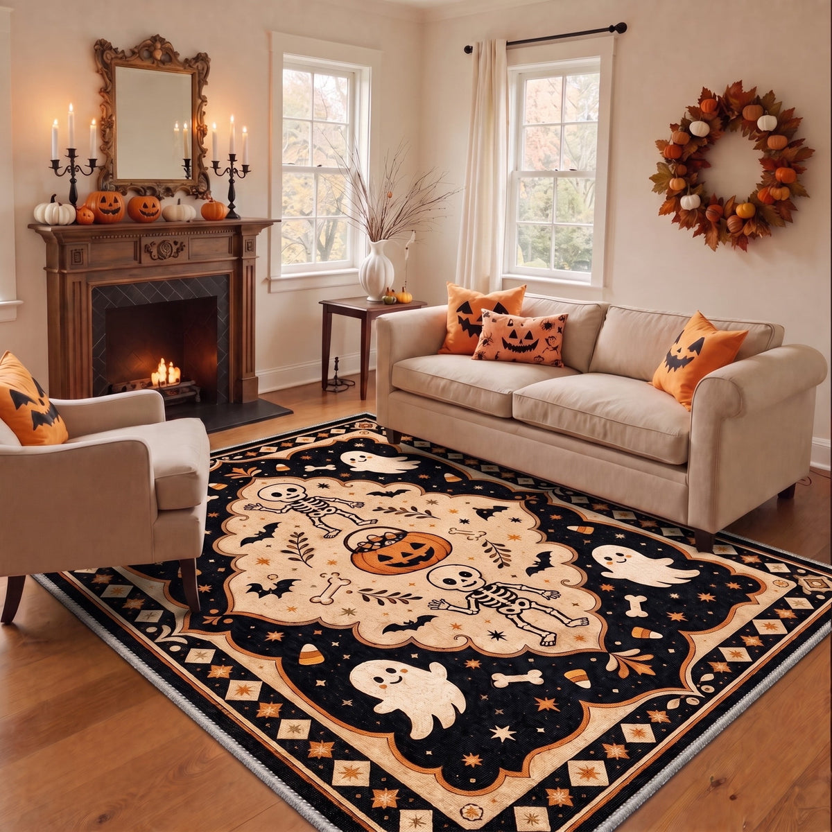 GENIMO 2'x7' Halloween Runner Rug, Washable Non Slip Soft Vintage Witch Indoor Outdoor Hallway Runner for Porch Patio Kitchen Entryway, Retro Sepia