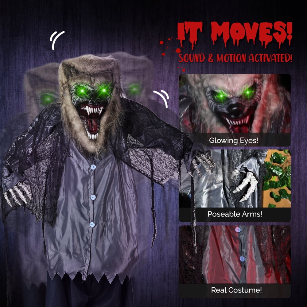 6.9ft Animated Hanging Werewolf - with Glowing Eyes and Creepy Howling Sound Halloween Decorations, Outdoor Haunted House Prop Decor, Grey