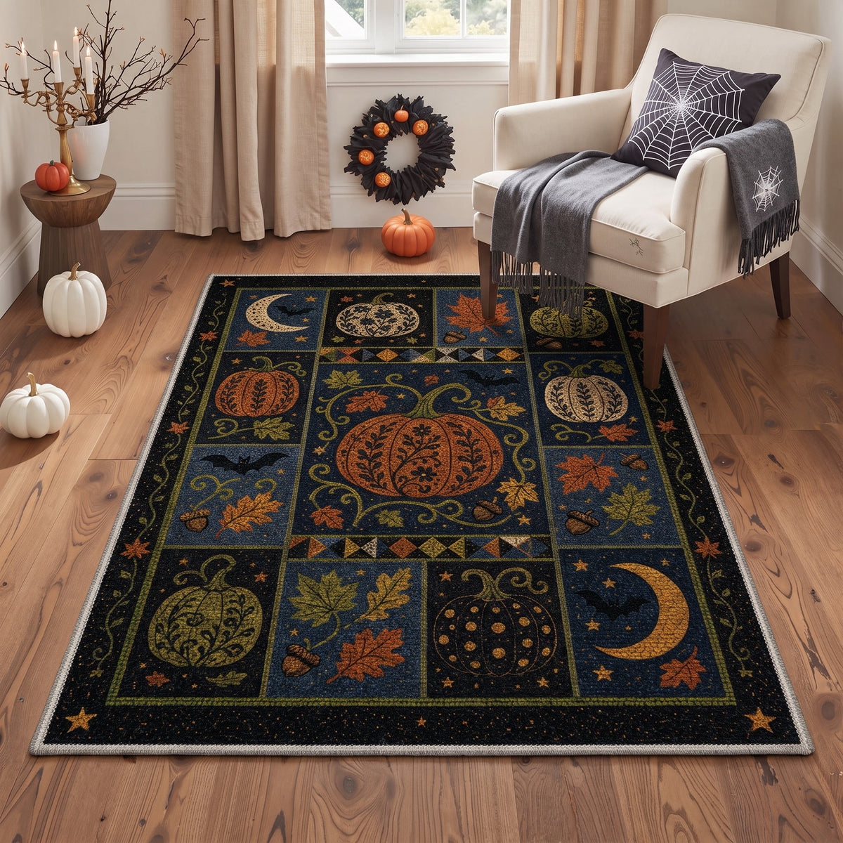 GENIMO 5'x7' Halloween Area Rug for Living Room, Washable Non Slip Soft Vintage Witch Indoor Rug for Bedroom Dining Room Home Office, Retro Sepia