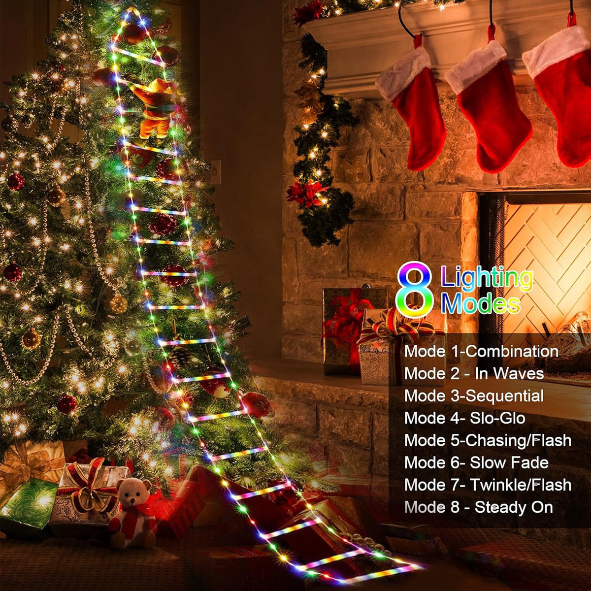 Morfone Christmas Decorations LED Ladder Lights with Climbing Santa Claus, 10.5ft Christmas Decorative String Lights for Indoor Outdoor, Window, Garden, Home, Wall, Xmas Tree Decor, Multicolor