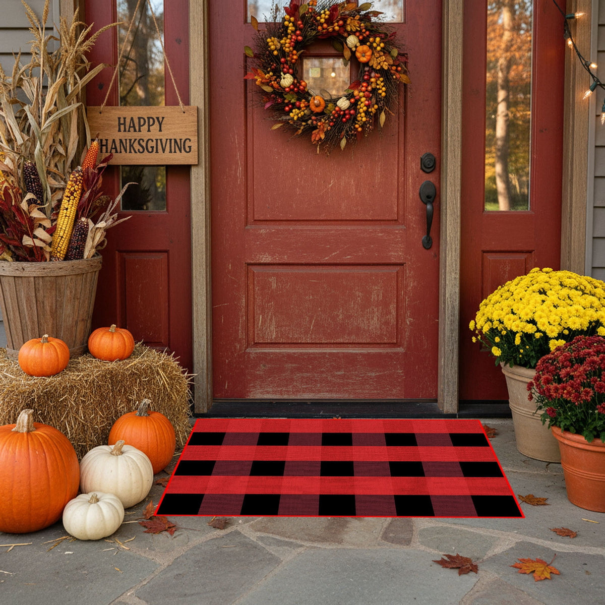 Orange Plaid Fall Outdoor Mat, Hand-Woven Porch Rug for Thanksgiving Halloween Door Decor