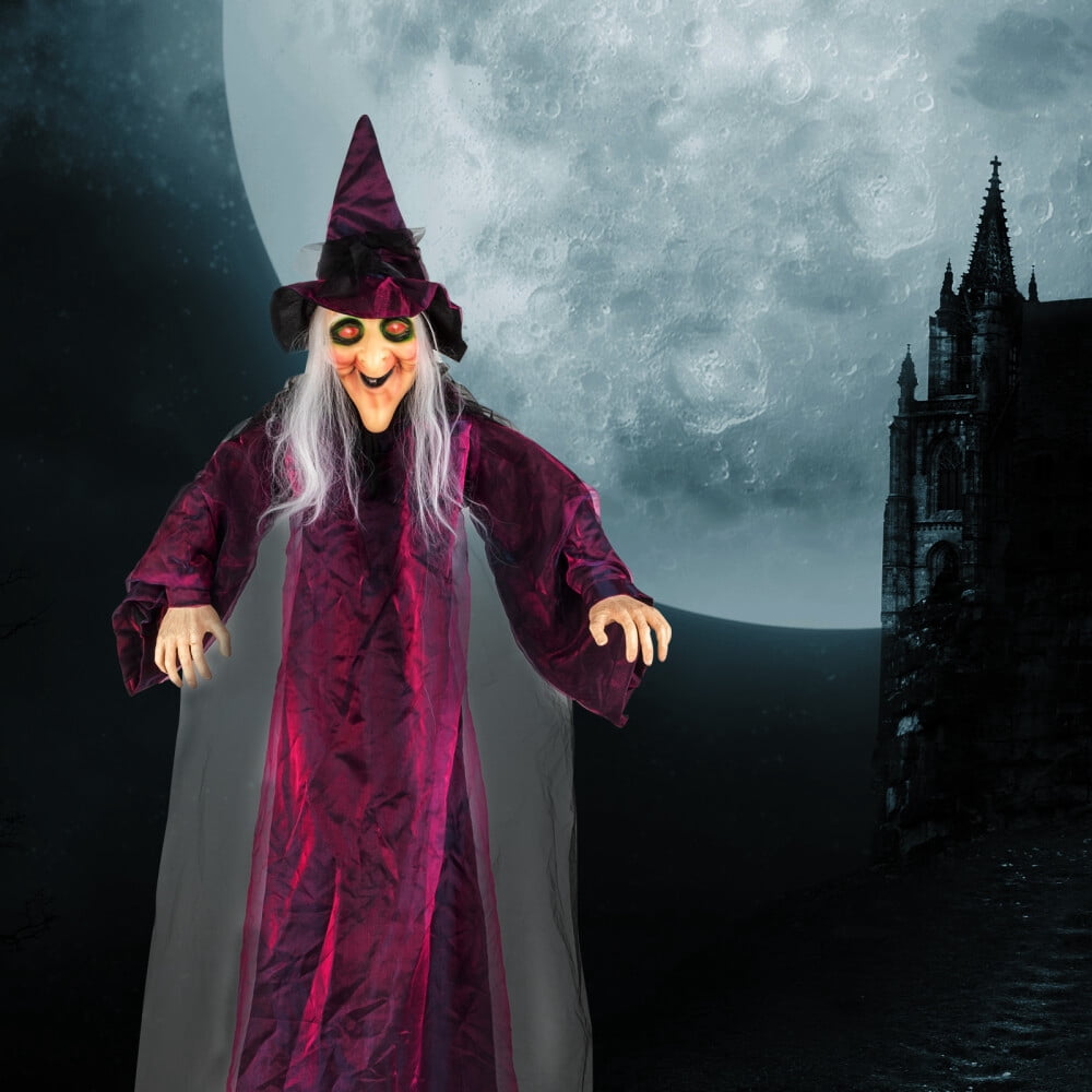 71" Life Size Hanging Talking Witch, Animated Halloween Witch with Sound Activation and Red Eyes for Outdoor & Indoor Decor - Old, Spooky and Scary Flying Animatronic Witch for Halloween Decorations