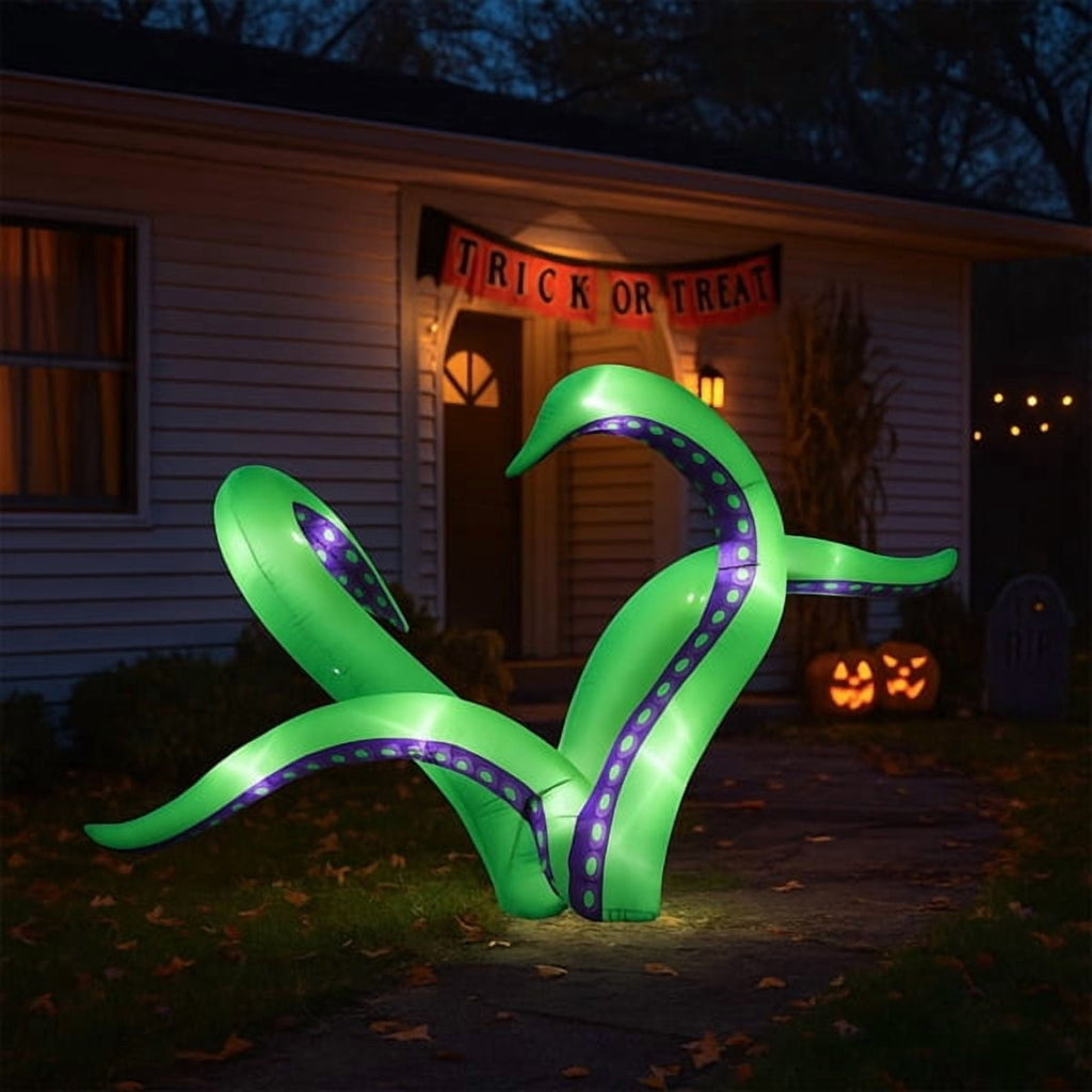 2-Pack 6.9FT Halloween Inflatable Octopus Tentacles, 12 White LED Lights, Quick Inflation with Ropes/Suction Cups for Windows/Rooftops/Yard