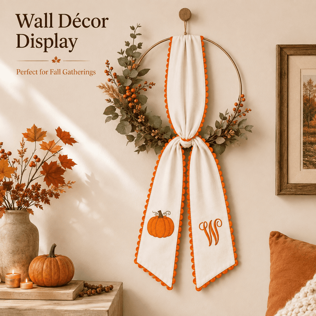 Pumpkin Embroidered Wreath Sash, 50 x 5 inch Orange Scalloped Lettered Ribbon for Halloween, Thanksgiving, Front Door, Seasonal Garland and Fall Home Decor, W