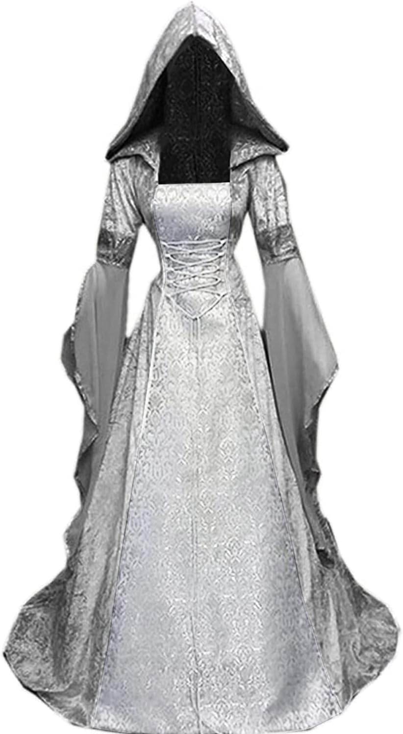 Halloween Witch Costume Women, Deluxe Witch Dress Costume, Vintage Embroidered Renaissance Gothic Hooded Vampire Gown Dress Cosplay Costumes Red S