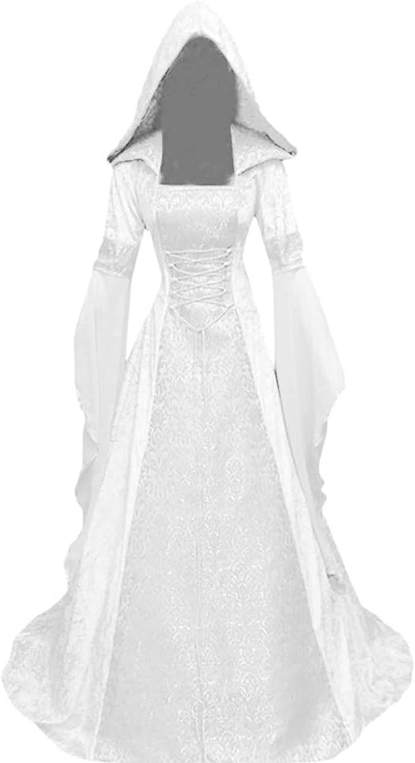 Halloween Witch Costume Women, Deluxe Witch Dress Costume, Vintage Embroidered Renaissance Gothic Hooded Vampire Gown Dress Cosplay Costumes Red S