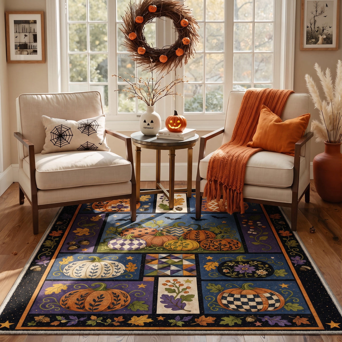 GENIMO 5'x7' Halloween Area Rug for Living Room, Washable Non Slip Soft Vintage Witch Indoor Rug for Bedroom Dining Room Home Office, Retro Sepia