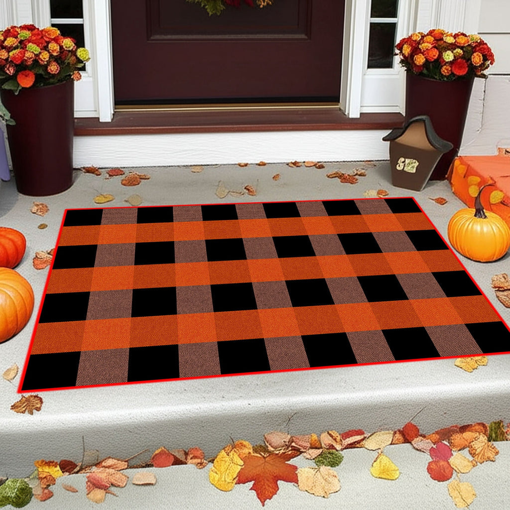 Halloween Fall Outdoor Rug Plaid Rug Foldable Floor Mat for Thanksgiving Front Door Front Porch Farmhouse Entryway Patio Decoration
