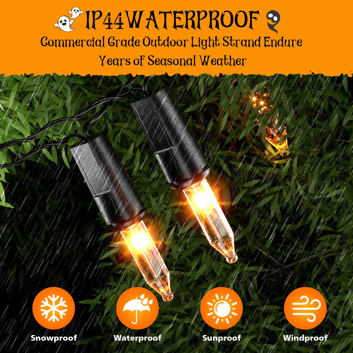 DAYBETTER Halloween String Lights, 32.8ft 100ct Incandescent Mini Lights, with 100 Count Orange Waterproof Bulbs, for Party, Yard, Christmas Tree, Halloween Decorations