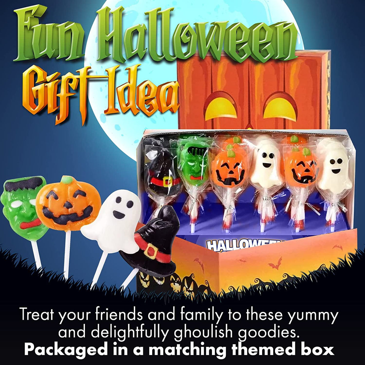 Fusion Select Halloween Candy Lollipops - Trick or Treat Candies for Kids - Frankenstein's Monster, Jack o Lantern, Ghost & Witch Hat Halloween Sweets - Individually Wrapped - 30 Treats Per Box