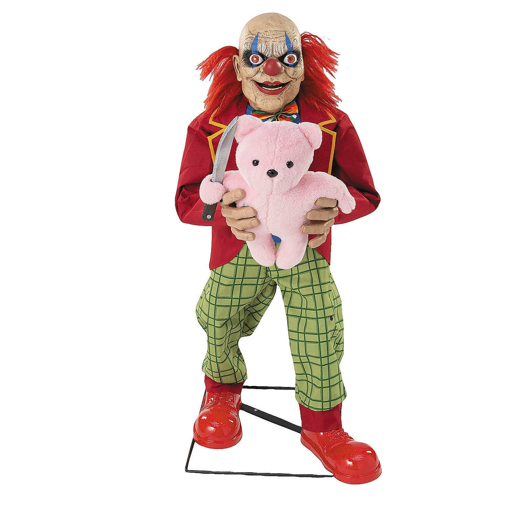 4 Ft. Animated Creepy Clown with Pink Bear Halloween Decoration