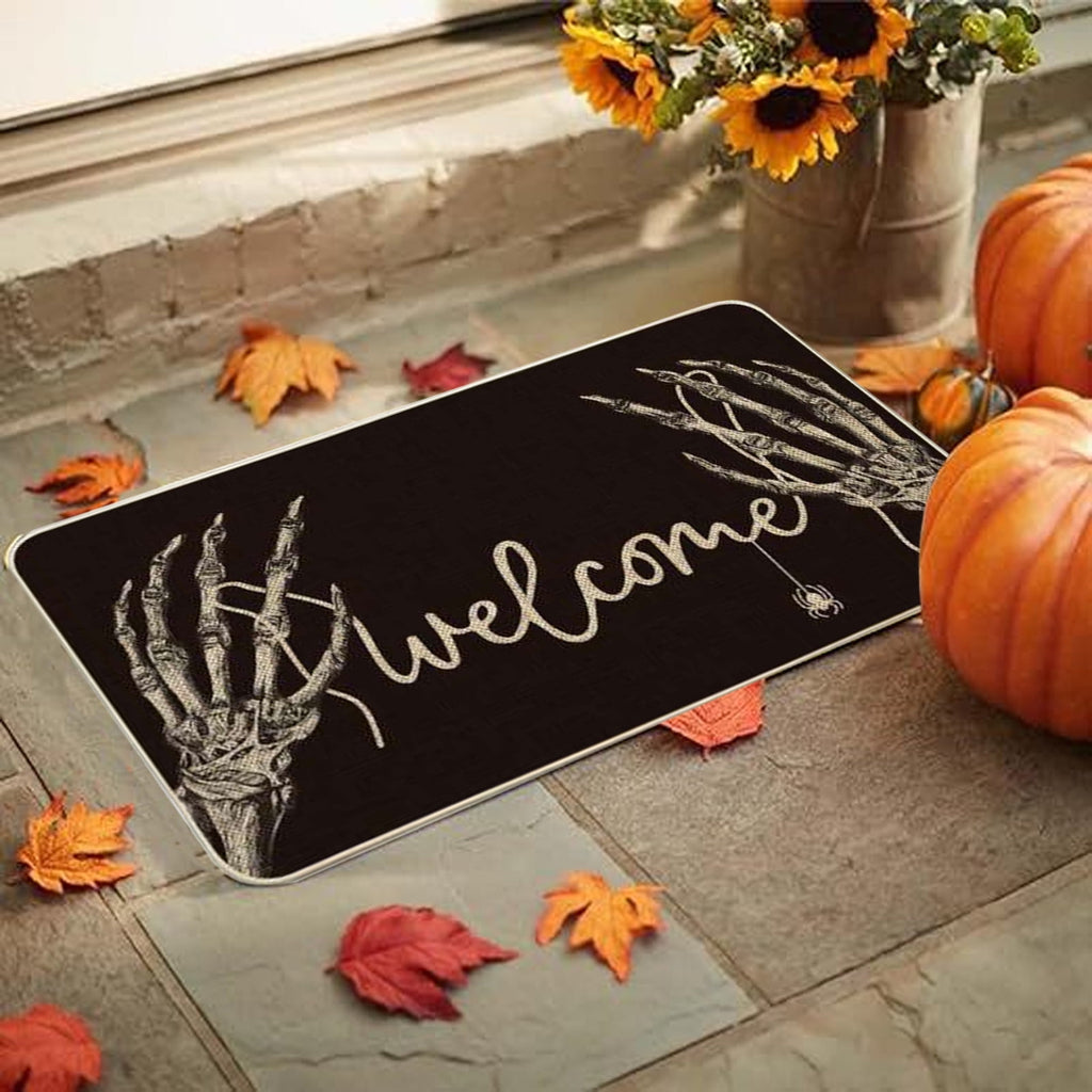 Halloween Skull Doormat Rug Indoor Outdoor,Skeleton Trick Or Treat Black Doormat Fall Door Mat Welcome Anti-Slip Front Entrance Holiday Seasonal Decoration 16 X 24 Inch