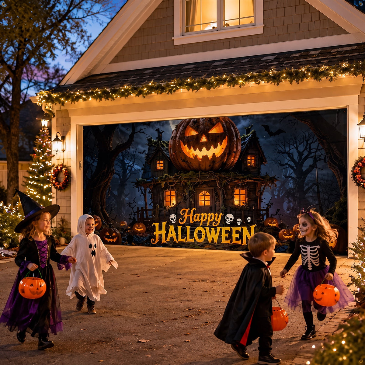Lifestance Halloween Garage Door Banner, 16 x 7 ft Haunted Pumpkin Manor Garage Door Cover, Outdoor Halloween Decoration with Hanging Kit for Parties, Home & Yard Décor