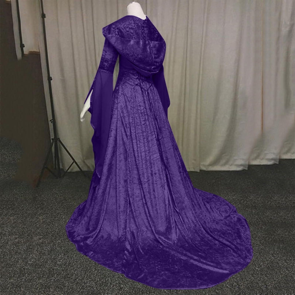 Medieval Renaissance Hooded Dress for Women, Silver Gothic Witch Costume with Lace-Up Corset, Vintage Velvet Long Sleeve Gown for Halloween Cosplay Renaissance Wedding Themed Party-Dark Blue/L