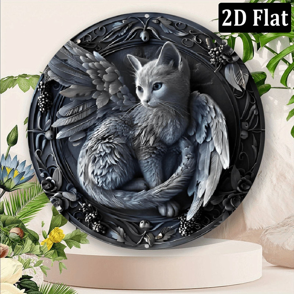 2D Flat, Vintage Angel Cat Round Aluminum Wall Art Sign 8*8 Inch, Detailed Gray Winged Cat Design with Feathers & Floral Patterns, Perfect for Home, Office, Bar, or Kitchen Decor, Unique Halloween