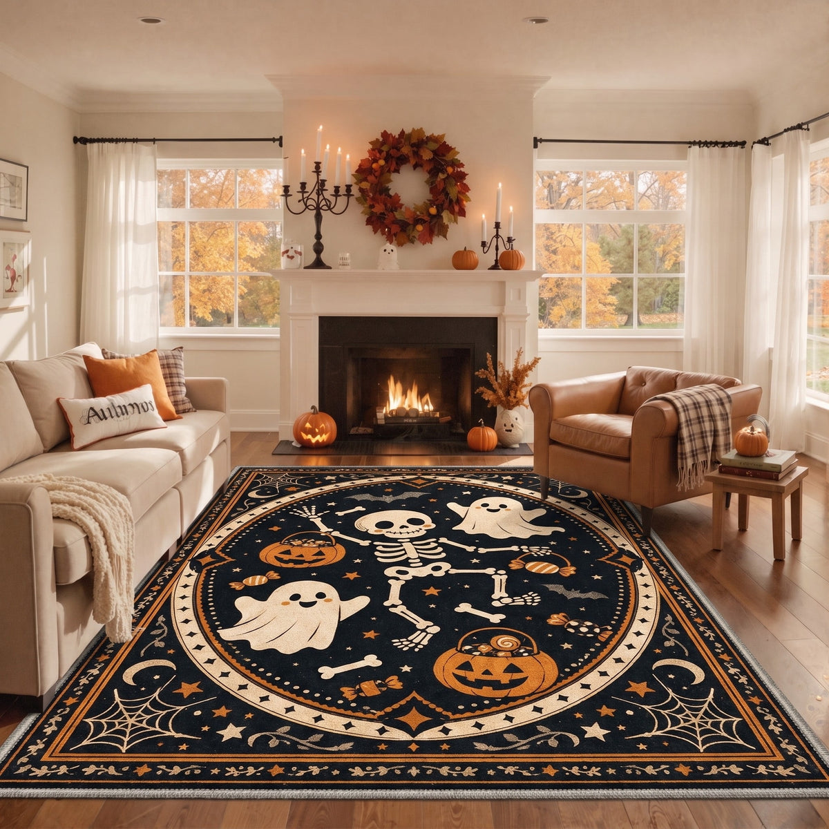 GENIMO 5'x7' Halloween Area Rug for Living Room, Washable Non Slip Soft Vintage Witch Indoor Rug for Bedroom Dining Room Home Office, Retro Sepia