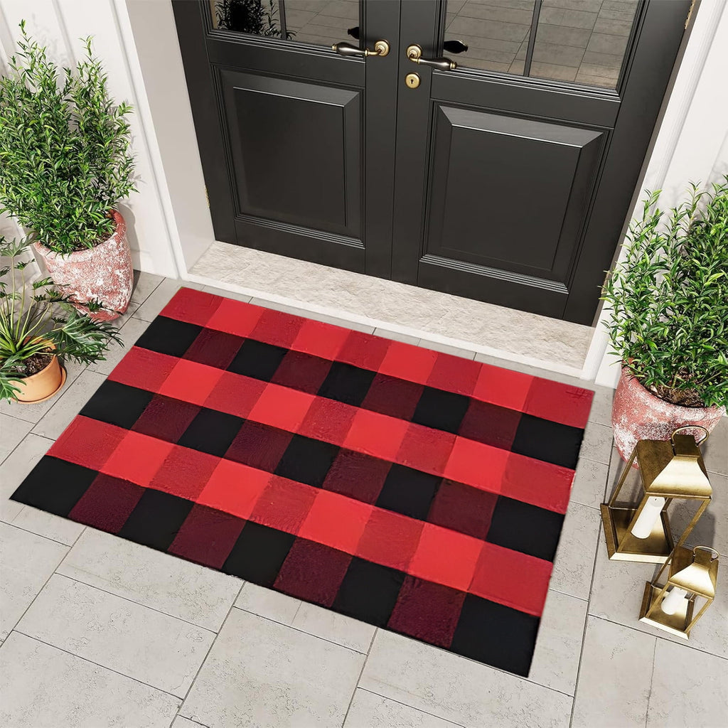 Xuniizn Fall Door Mat, Buffalo Plaid Fall Outdoor Rug Black & White Striepd Rug Front Door Mat Halloween Thanksgiving Fall Autumn Home Decor,Welcome Doormat for Front Door,Farmhouse Decor, 24 x 16"