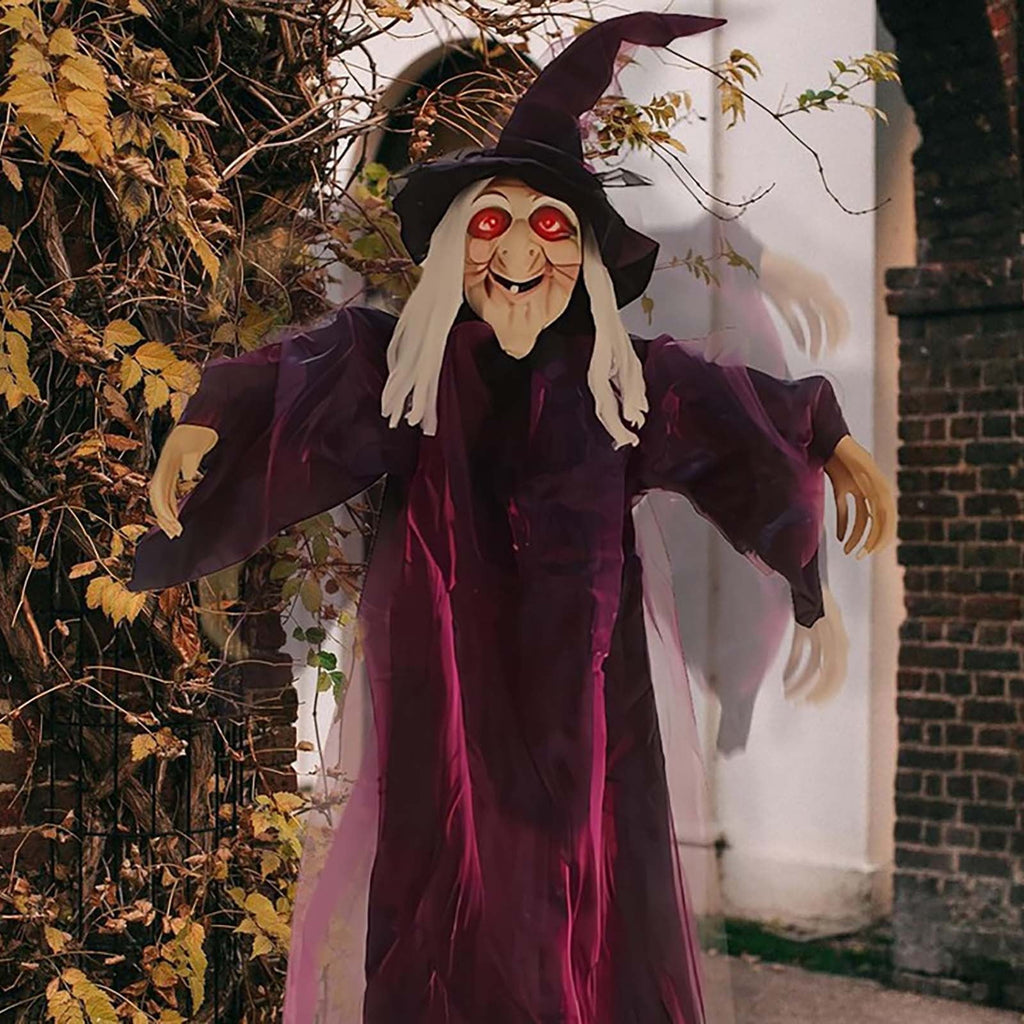 EWSFHUI 71" Life Size Hanging Talking Witch, Sound Activation and Red Eye Animated Witch Indoor Outdoor Halloween Decoration, Decor Prop